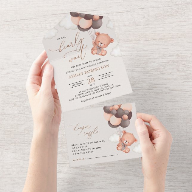 Baby Bear, Teddy Bear, Brown Balloons, Baby Shower All In One Invitation (Tearaway)