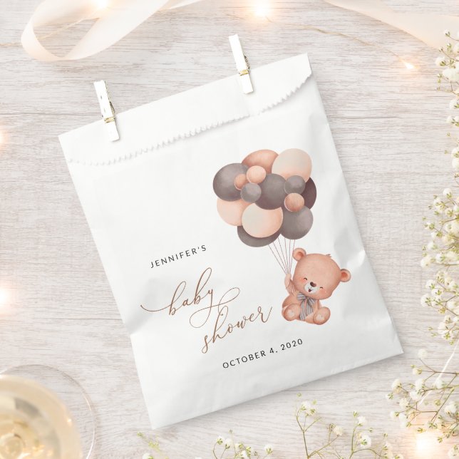 Baby Bear, Teddy Bear, Brown Balloons, Baby Shower Favour Bag (Clipped)