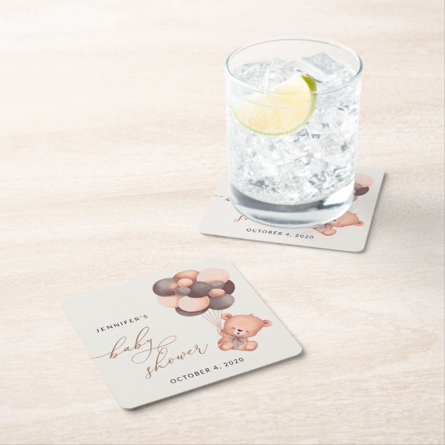 Baby Bear, Teddy Bear, Brown Balloons, Baby Shower Square Paper Coaster (Insitu)