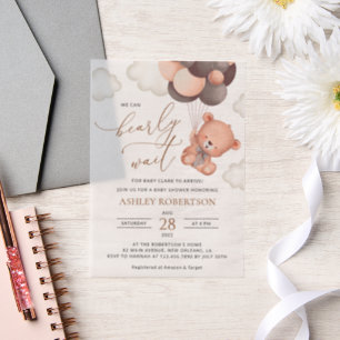 Baby Bear, Teddy Bear, Brown Balloons, Baby Shower Vellum Invitations