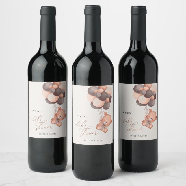 Baby Bear, Teddy Bear, Brown Balloons, Baby Shower Wine Label (Bottles)