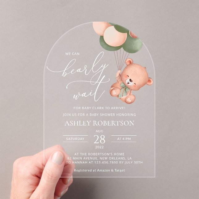 Baby Bear, Teddy Bear, Green Balloons, Baby Shower Acrylic Invitations (Insitu (Handheld))