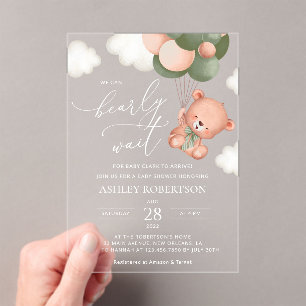 Baby Bear, Teddy Bear, Green Balloons, Baby Shower Acrylic Invitations