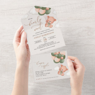 Baby Bear, Teddy Bear, Green Balloons, Baby Shower All In One Invitation