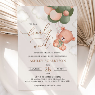Baby Bear, Teddy Bear, Green Balloons, Baby Shower Invitation
