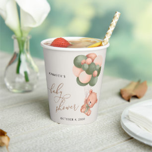 Baby Bear, Teddy Bear, Green Balloons, Baby Shower Paper Cups