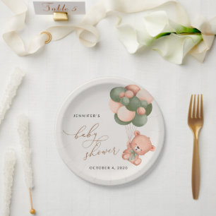 Baby Bear, Teddy Bear, Green Balloons, Baby Shower Paper Plate