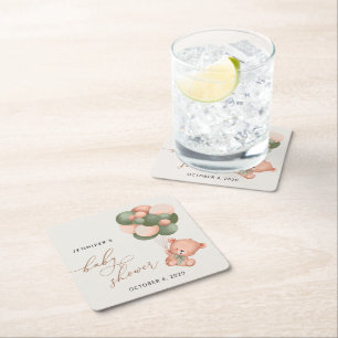 Baby Bear, Teddy Bear, Green Balloons, Baby Shower Square Paper Coaster