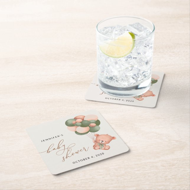 Baby Bear, Teddy Bear, Green Balloons, Baby Shower Square Paper Coaster (Insitu)