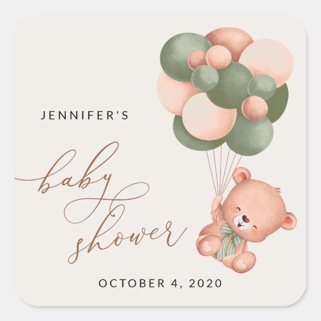 Baby Bear, Teddy Bear, Green Balloons, Baby Shower Square Sticker (Front)