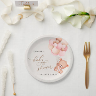 Baby Bear, Teddy Bear, Pink Balloons, Baby Shower Paper Plate