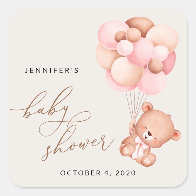 Baby Bear, Teddy Bear, Pink Balloons, Baby Shower Square Sticker (Front)
