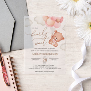 Baby Bear, Teddy Bear, Pink Balloons, Baby Shower Vellum Invitations