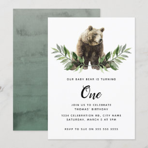 Baby Bear Watercolor Woodland First Birthday Invitation