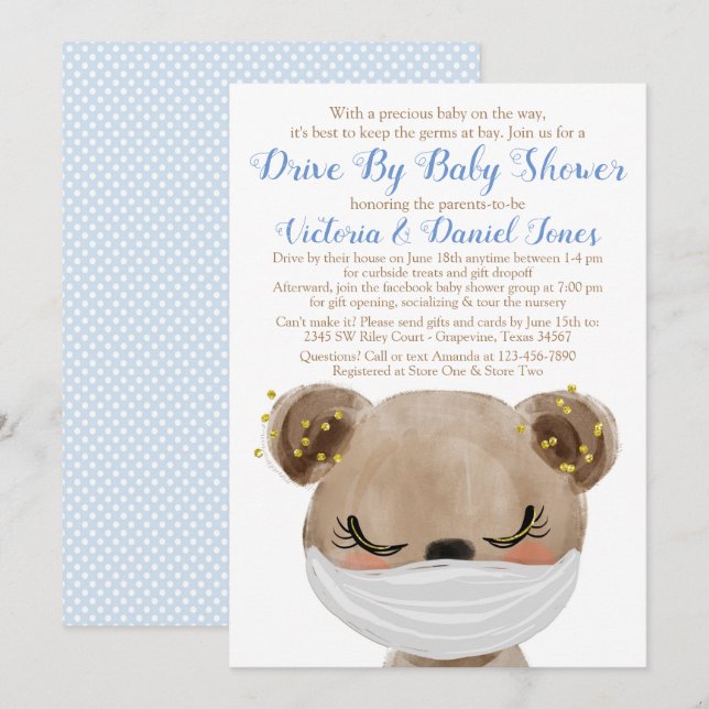 Baby Bear with Mask Drive By Baby Shower Invitation (Front/Back)
