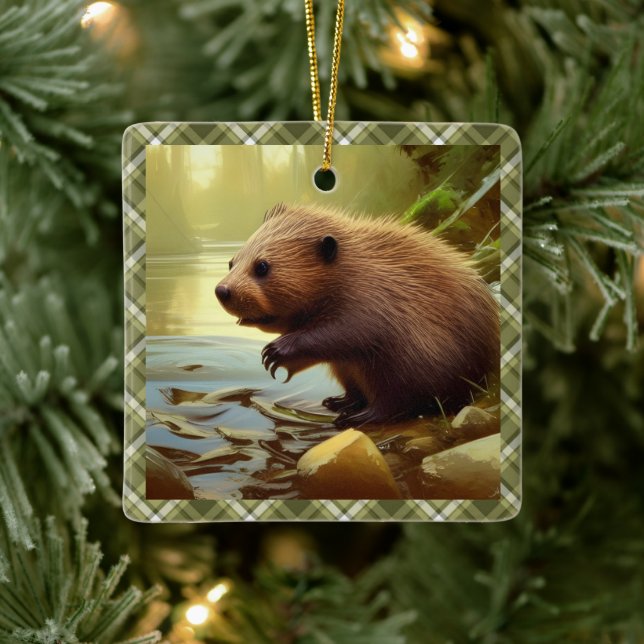 Baby Beaver Wildlife Portrait Personalised  Ceramic Ornament (Tree)