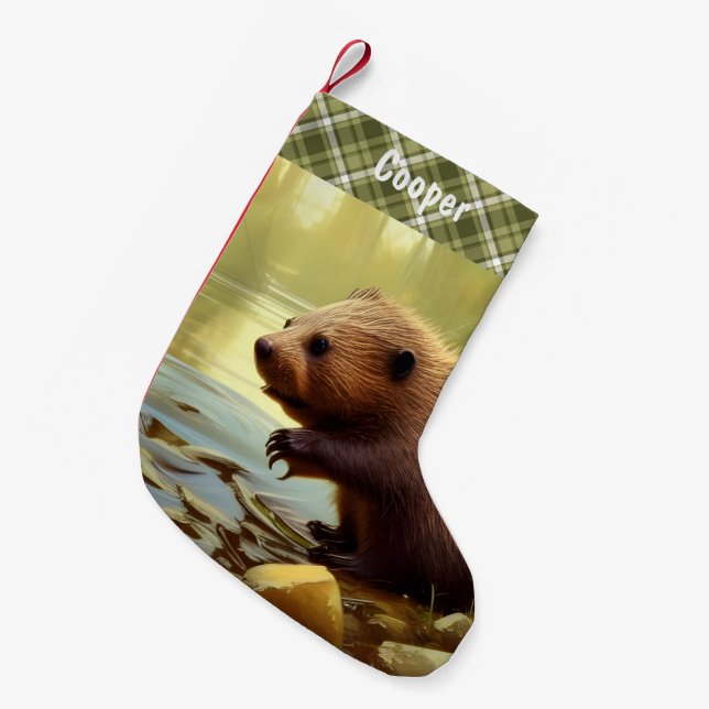 Baby Beaver Wildlife Portrait Personalised  Small Christmas Stocking (Front (Hanging))