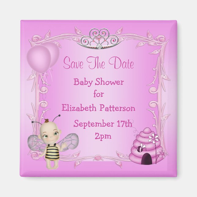 Baby Bee Pink Princess Baby Shower Save The Date Magnet (Front)