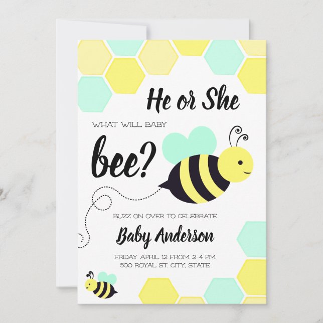 Baby Bee Yellow and Mint Gender Reveal Invitation (Front)