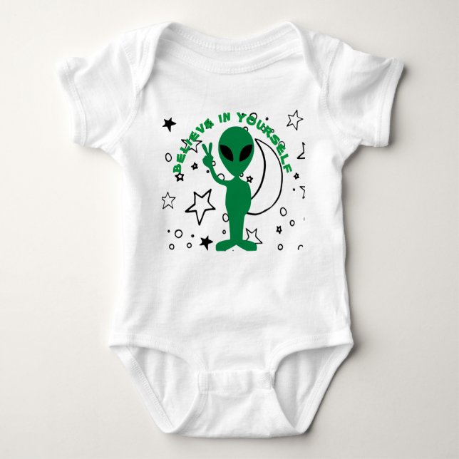 Baby Believe in Yourself alien peace sign bodysuit (Front)
