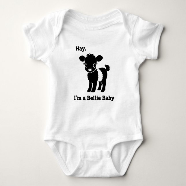 Baby Beltie Farmer Belted Galloway Cow New to Herd Baby Bodysuit (Front)