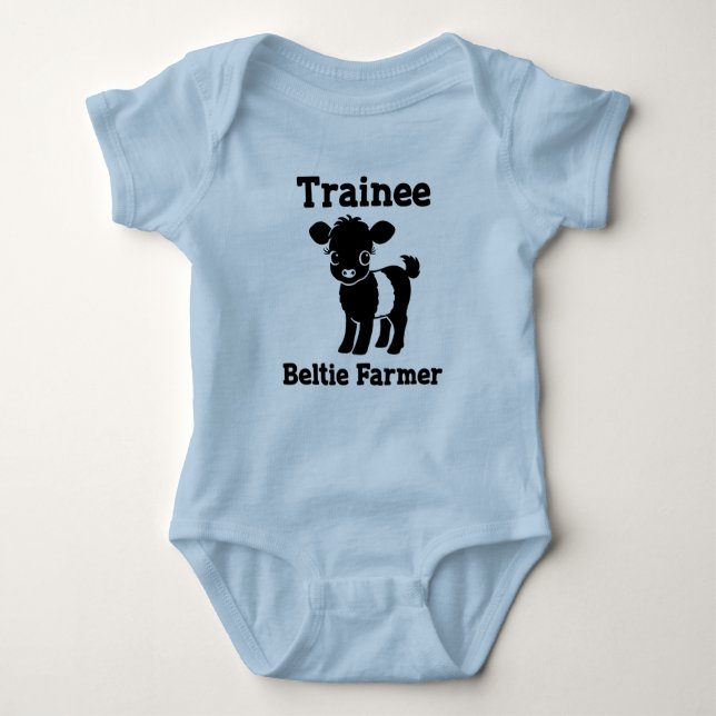 Baby Beltie Farmer Belted Galloway Cow New to Herd Baby Bodysuit (Front)