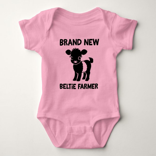 Baby Beltie Farmer Belted Galloway Cow New to Herd Baby Bodysuit (Front)