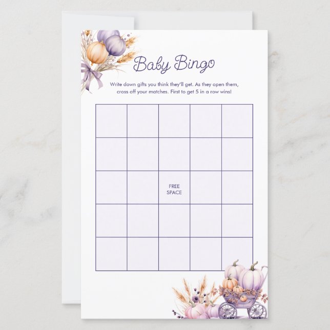 Baby Bingo Fall Purple Pumpkin Baby Shower Game (Front)