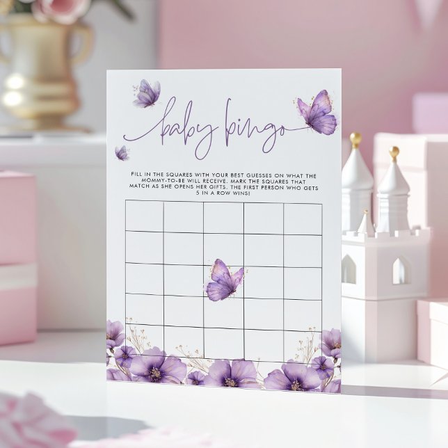 Baby Bingo Purple butterfly Baby Shower Game Card (Creator Uploaded)