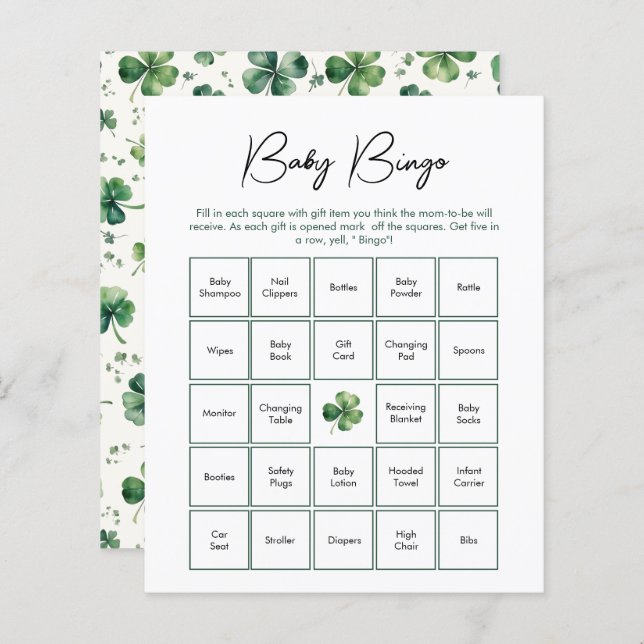 Baby Bingo St. Patrick's Day Baby Shower Game (Front/Back)
