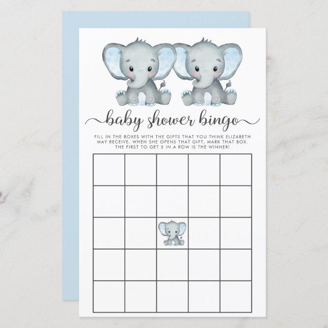 Baby Bingo Twin Boys Elephant Shower Game (Front/Back)