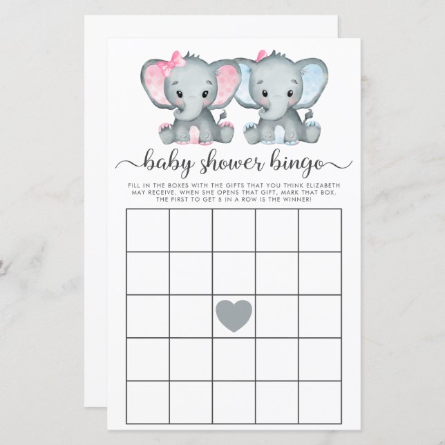 Baby Bingo Twin Girl Boy Elephant Shower Game (Front/Back)
