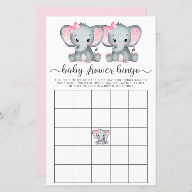 Baby Bingo Twin Girls Elephant Shower Game (Front/Back)