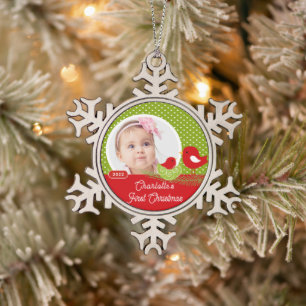 Baby Bird Baby's First Christmas Photo  Snowflake Pewter Christmas Ornament