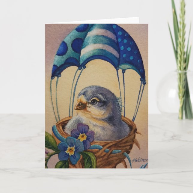 Baby Bird Fledgling Blue Parachute Watercolor Art Card (Front)