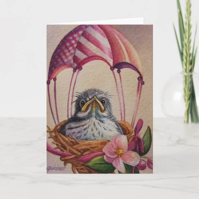 Baby Bird Fledgling Pink Parachute Watercolor Art Card (Front)