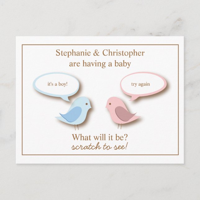 Baby Bird Gender Reveal Pretend Scratcher Game Pos Announcement Postcard (Front)