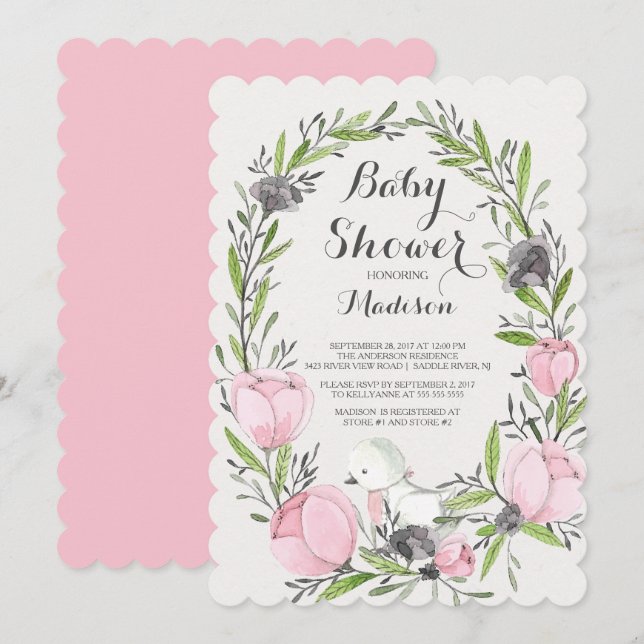 Baby Bird Pink Floral Girl Baby Shower Invitation (Front/Back)