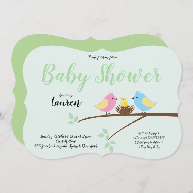 Baby birds Branch Nest Baby Shower Invitation (Front/Back)