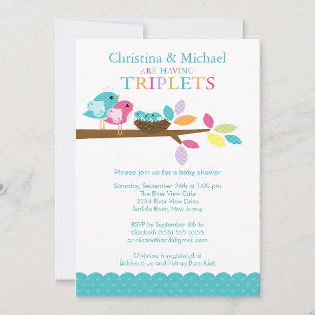 Baby Birds Nest Triplets Baby Shower Invitations (Front)