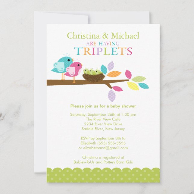 Baby Birds Nest Triplets Baby Shower Invitations (Front)