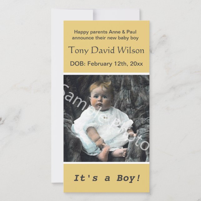 baby birth, add your photo, yellow announcement (Front)