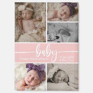 Baby Birth Announcement 5 Photo Collage Pink Magnet
