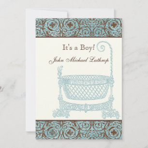 Baby Birth Announcement - Blue Brown Damask Cradle