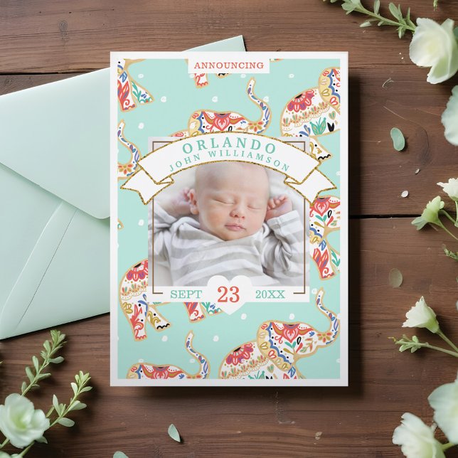 Baby Birth Announcement Card - Decorative Elephant (Baby Birth Announcement Card - Decorative Elephant)
