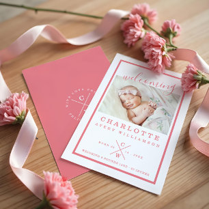 Baby Birth Announcement Card - Modern Pink & White