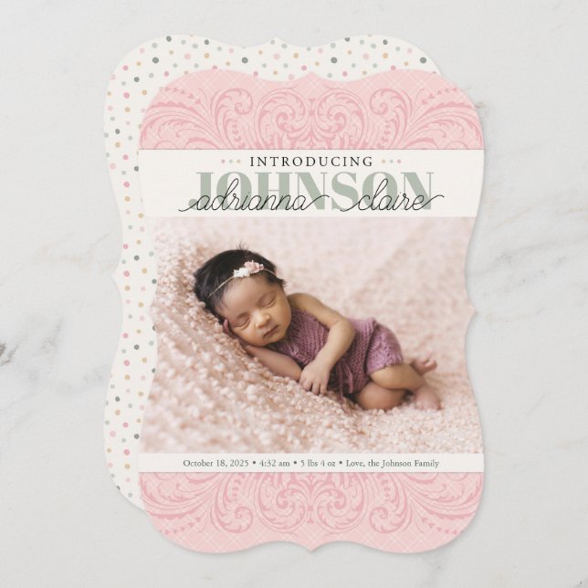 Baby Birth Announcement Card, pink green elegant (Front/Back)