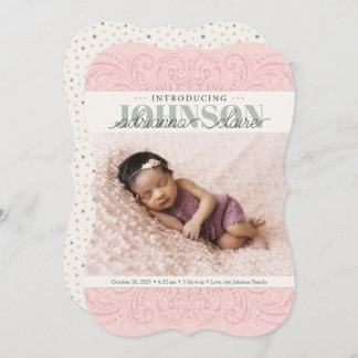 Baby Birth Announcement Card, pink green elegant