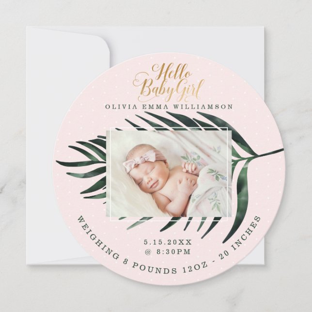 Baby Birth Announcement Card | Tropical Palm Leaf (Front)
