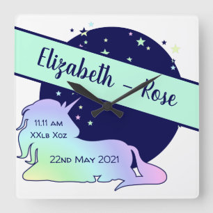 Baby Birth Announcement Cute Rainbow Unicorn Ombre Square Wall Clock